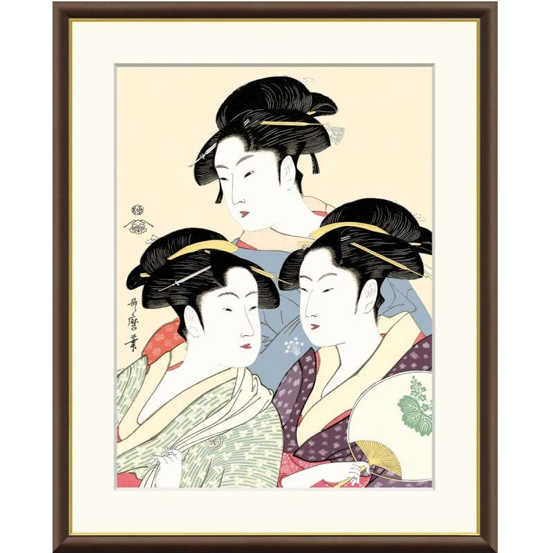 喜多川歌麿　美人図　掛軸　送料無料 掛け軸-寛政の三美人／喜多川 歌麿[横筋]モダン表装 - 掛け軸