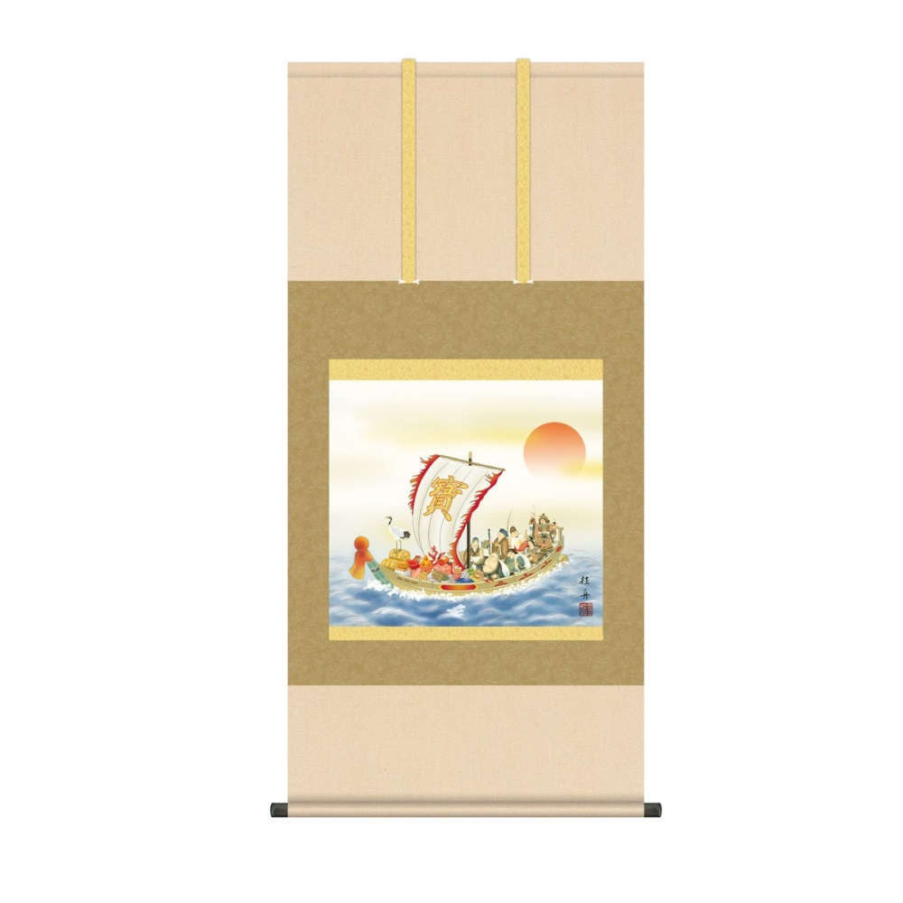 掛軸 慶祝縁起画 七福神 (KZ5D6-095) 尺五 長江桂舟 桐箱畳紙収納 (代引不可)｜さくらソレイユ　店