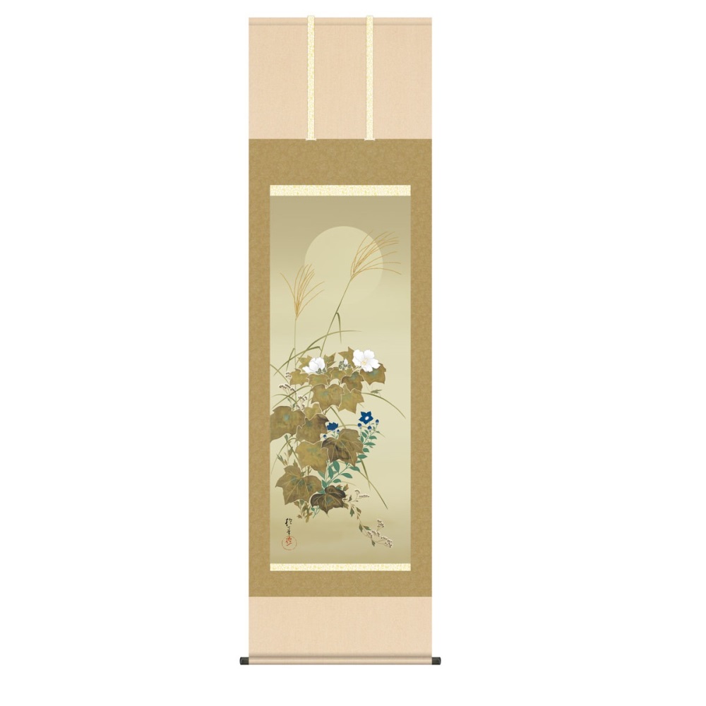掛軸 名画 模写複製画 酒井抱一 秋草に螽斯図 (KZ3G9-095) 尺五 桐箱畳紙収納 (代引不可)｜さくらソレイユ　店
