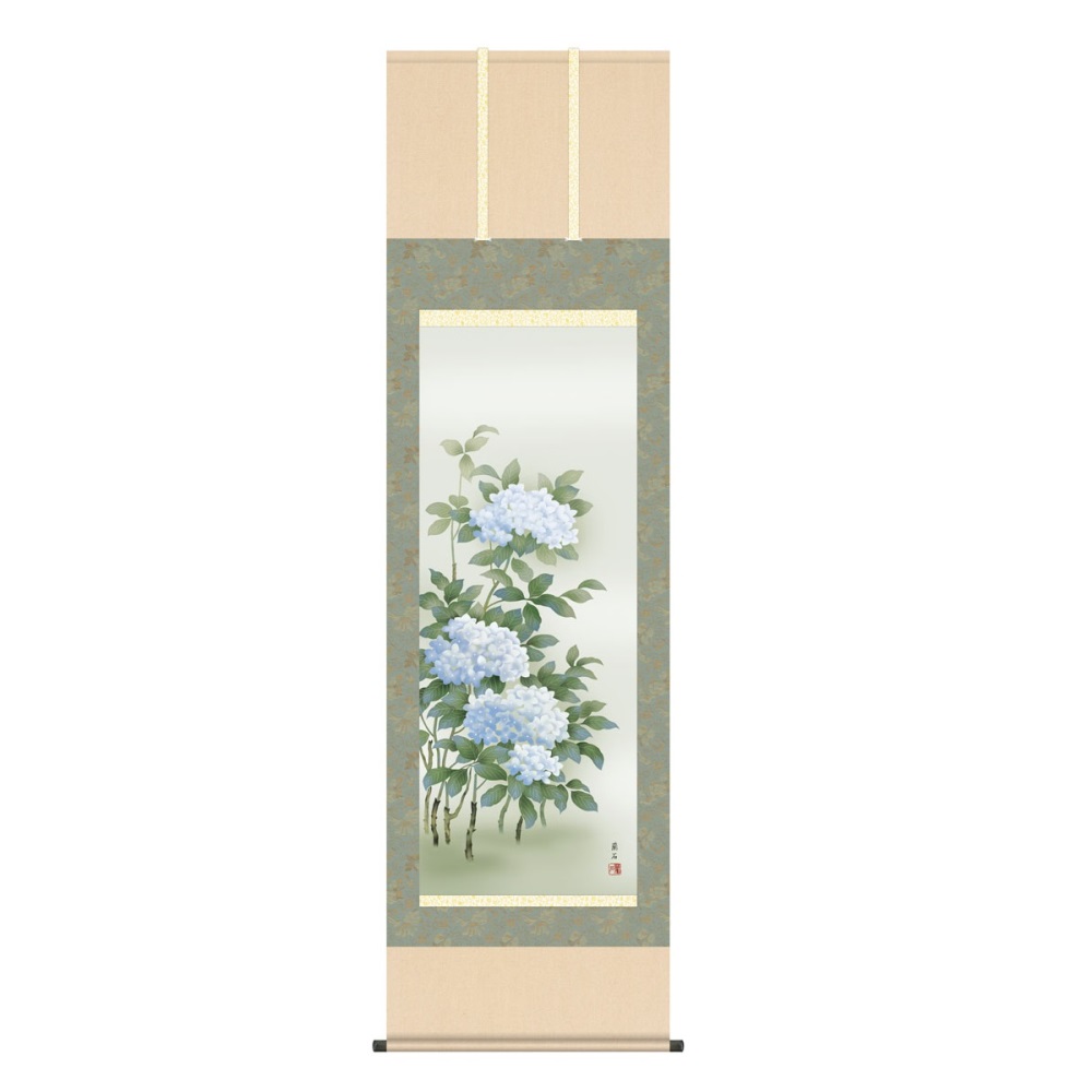 掛軸 花鳥画 夏飾り 紫陽花 (KZ5A3-206) 尺五 高見蘭石 桐箱畳紙収納 (代引不可)｜さくらソレイユ　店
