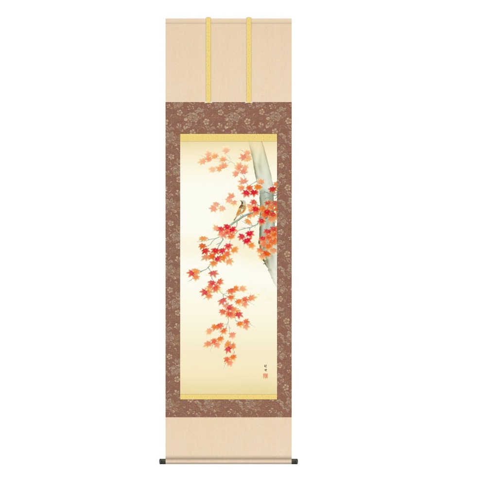 掛軸 花鳥画 秋飾り 紅葉に小鳥 (KZ5A4-102) 尺五 田村竹世 桐箱畳紙収納 (代引不可)｜さくらソレイユ　店