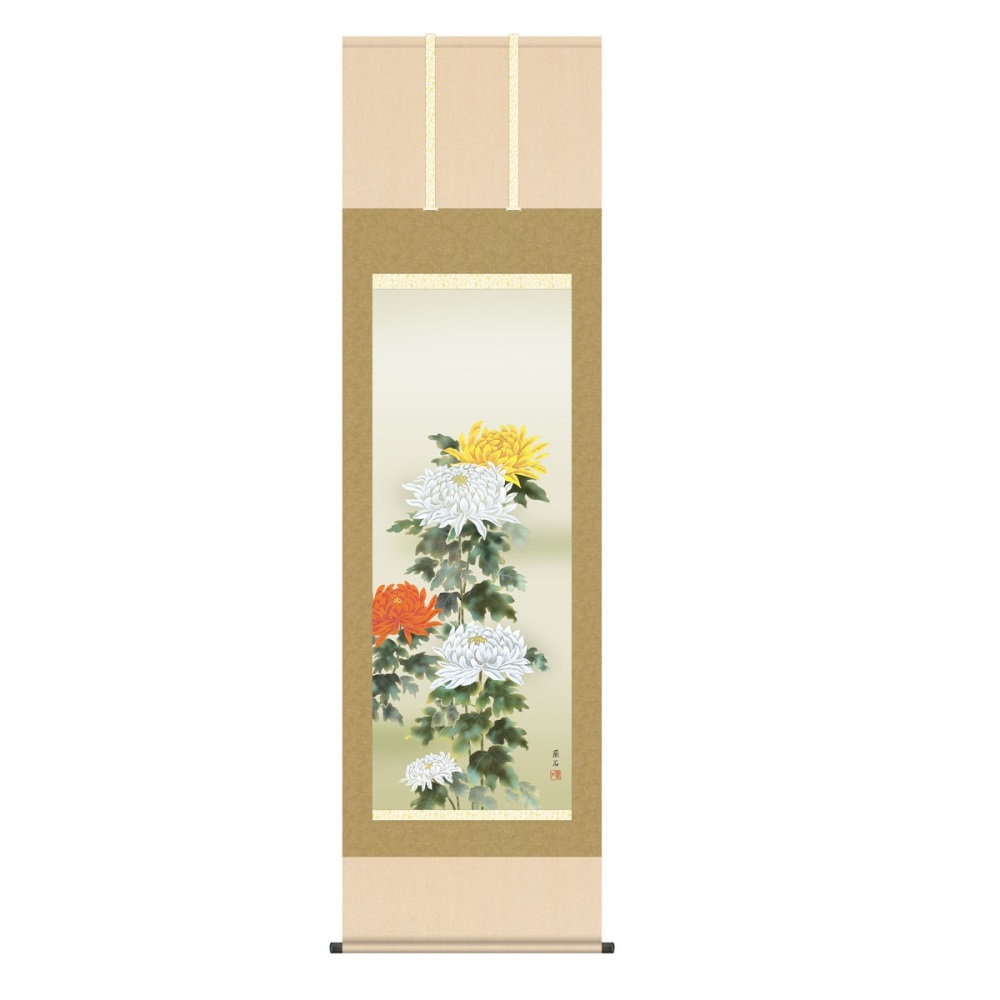 掛軸 花鳥画 秋飾り 菊花 (KZ5A4-163) 尺五 高見蘭石 桐箱畳紙収納 (代引不可)｜さくらソレイユ　店