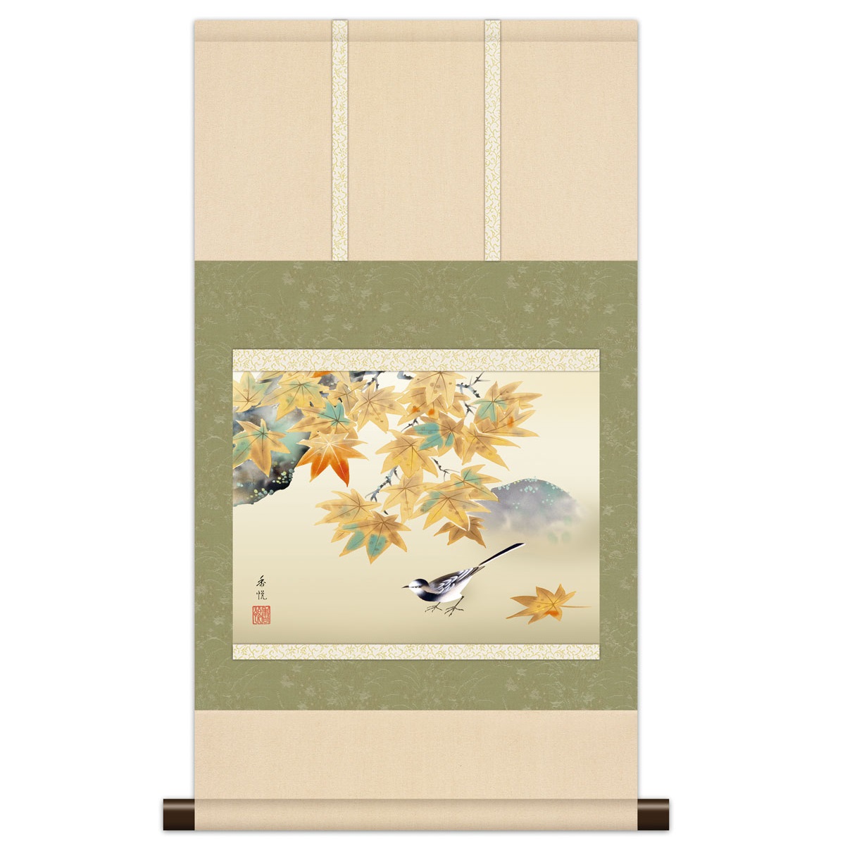 本格ミニ掛軸 現代日本画 秋花鳥 紅葉 [紅葉に小鳥] 西尾香悦 新絹本 [KM3R2-047] 工芸美術画｜さくらソレイユ　店