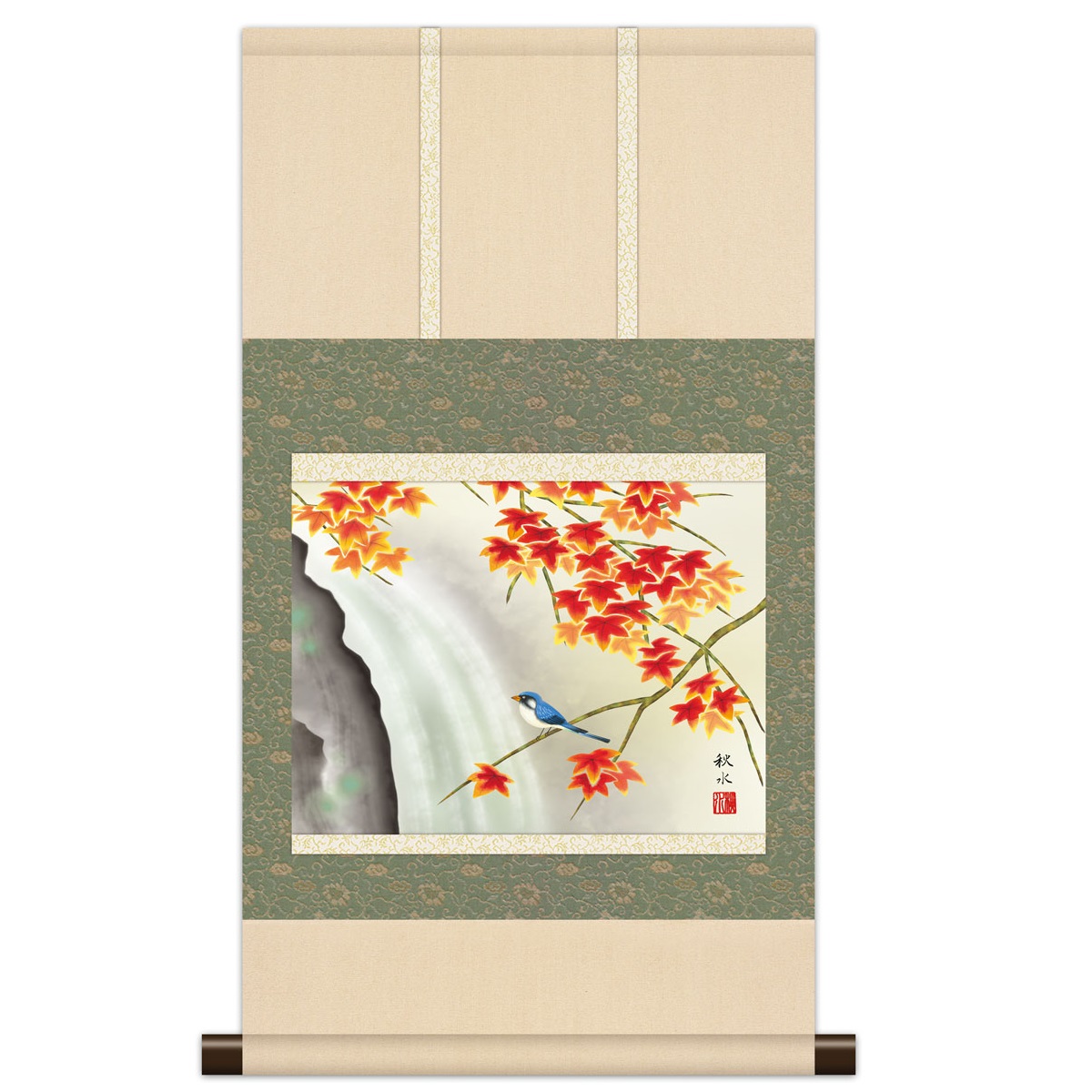 本格ミニ掛軸 現代日本画 秋花鳥 紅葉 [紅葉に小鳥] 浮田秋水 新絹本 [KM3R2-048] 工芸美術画