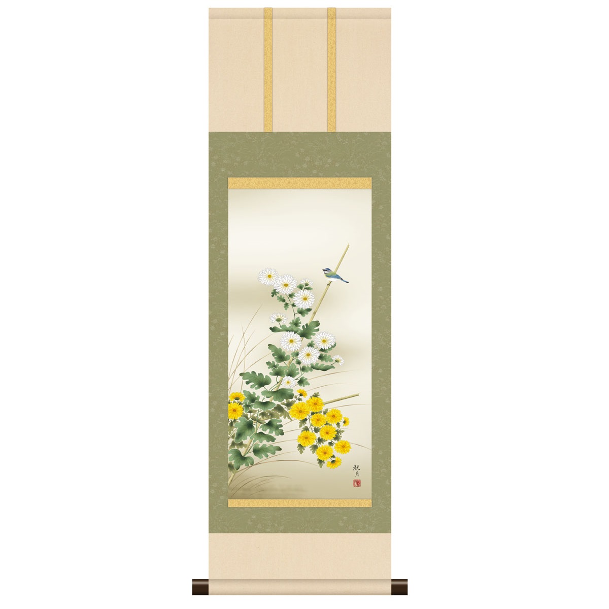 本格ミニ掛軸 現代日本画 秋花鳥 [菊花に小鳥] 森山観月 新絹本 [KM3R2-056] 工芸美術画