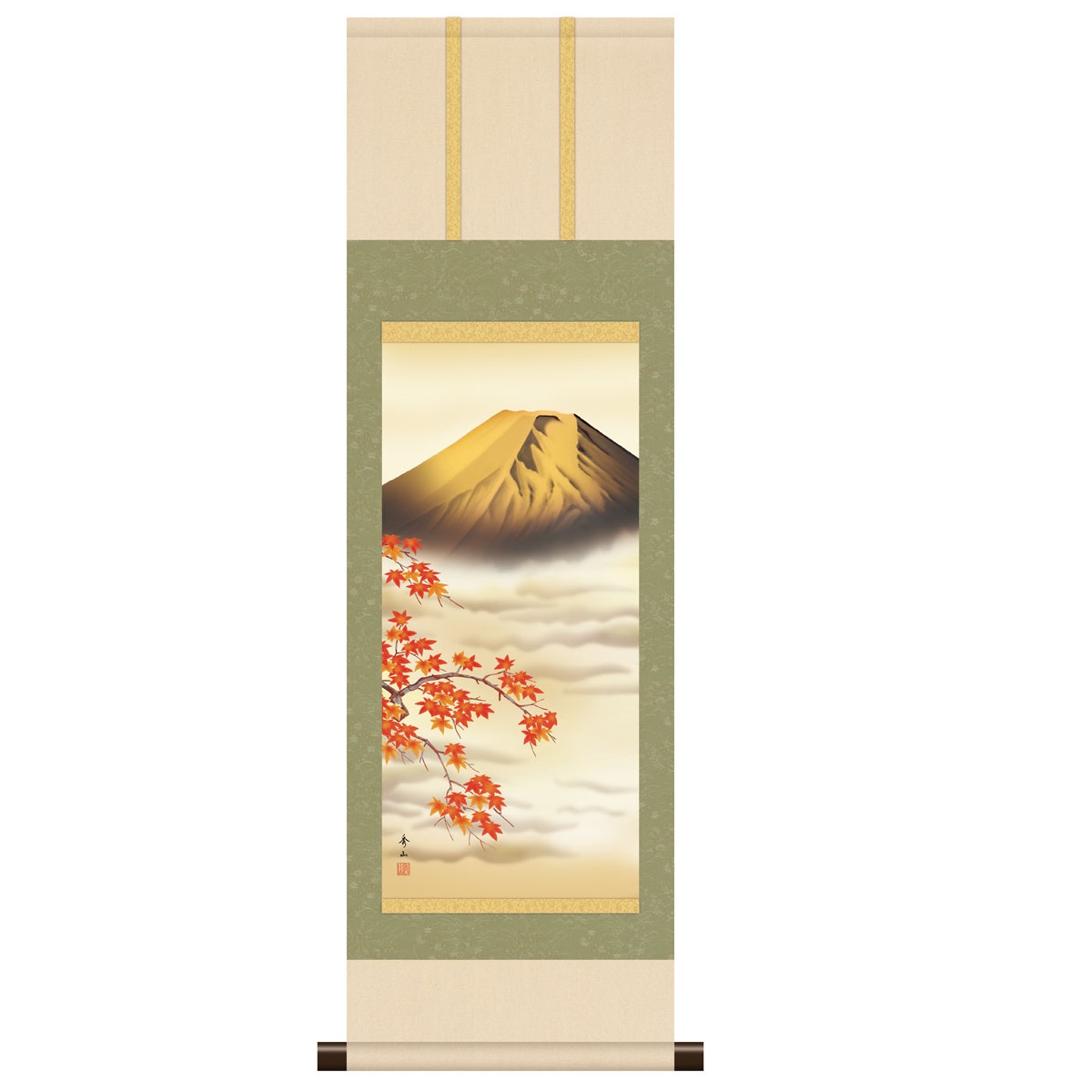 本格ミニ掛軸 現代日本画 山水画 [金富士] 鈴村秀山 新絹本 [KM3R2-096] 工芸美術画