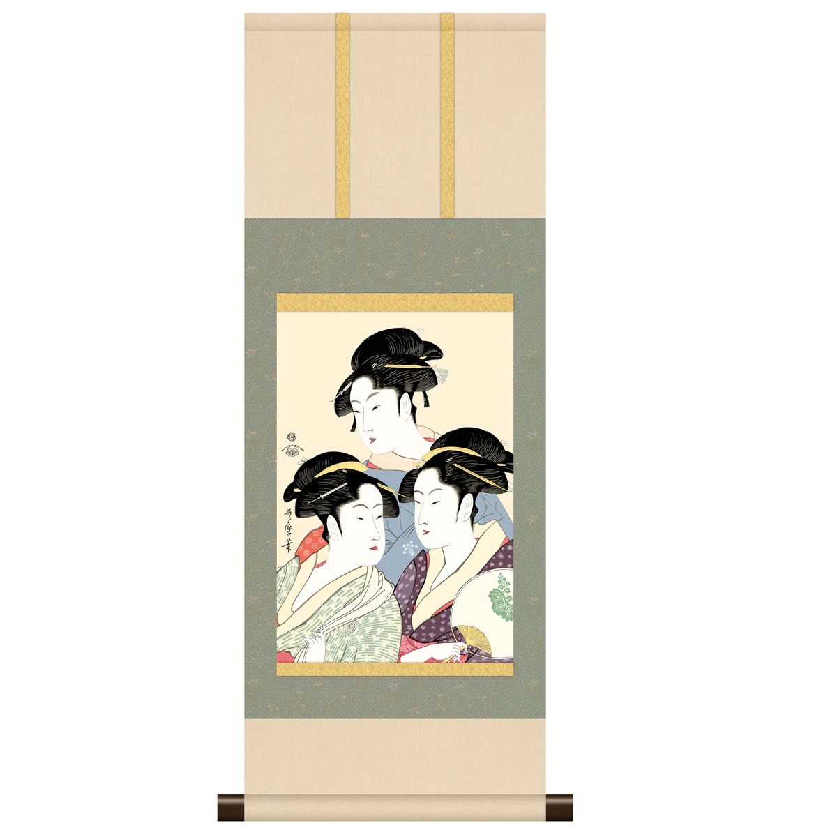 本格ミニ掛軸 浮世絵 美人画 喜多川歌麿 [寛政の三美人] 新絹本 [KM3R4-005] 浮世絵掛軸