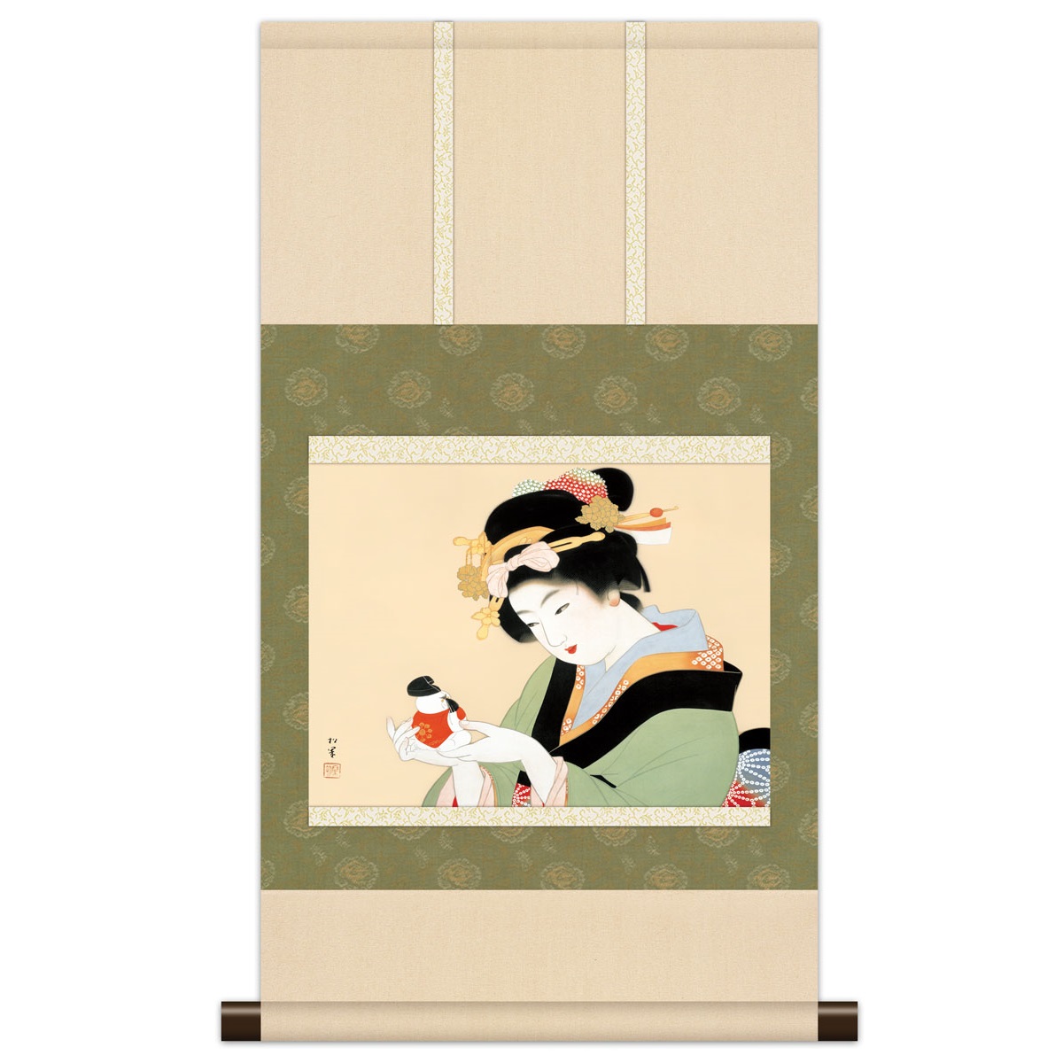 本格ミニ掛軸 日本の名画 上村松園 [御所人形] 新絹本 [KM3R1-019] 松園名画掛軸