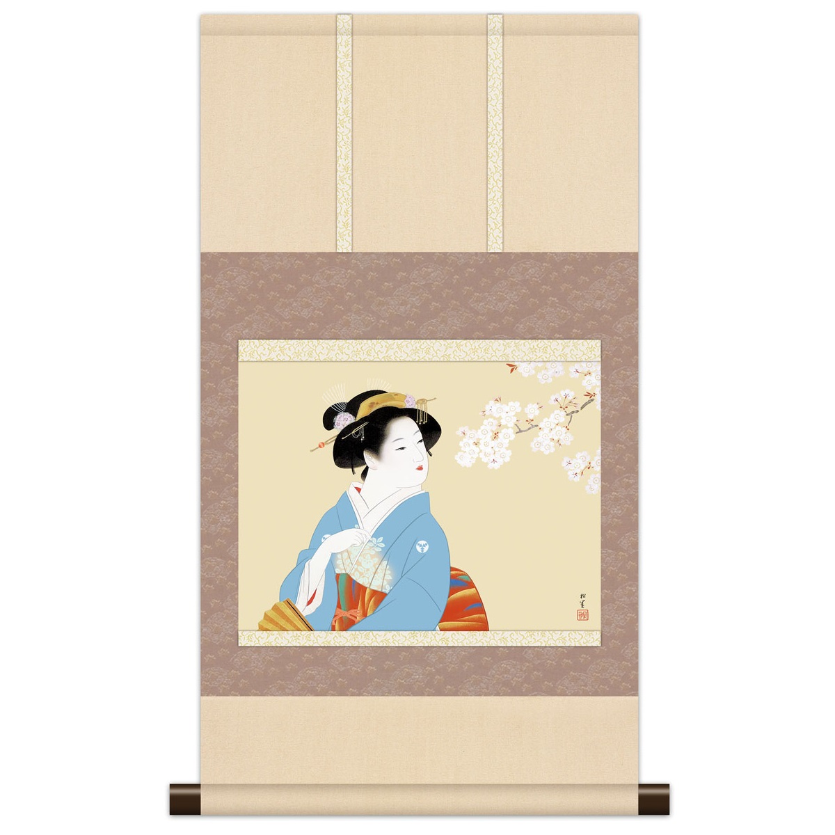 本格ミニ掛軸 日本の名画 上村松園 [花下美人] 新絹本 [KM3R1-020] 松園名画掛軸