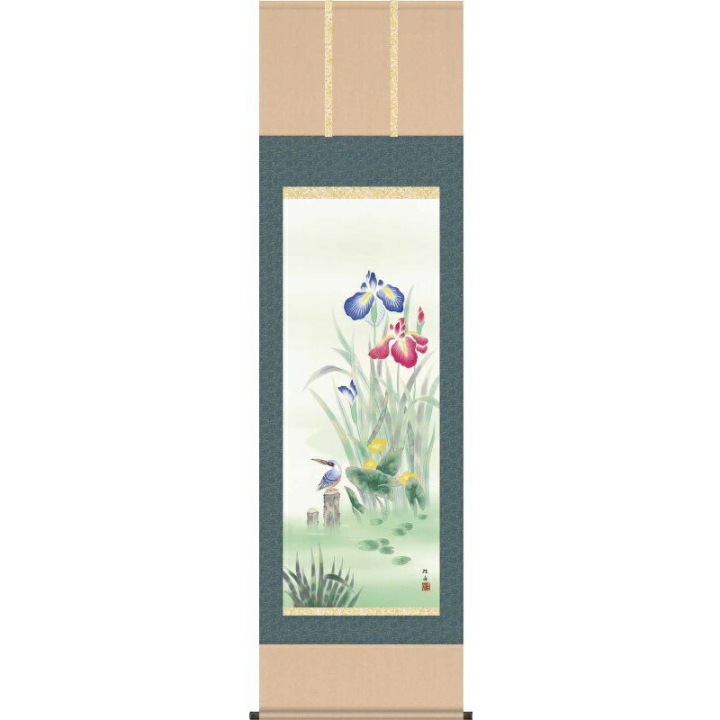 掛軸 菖蒲にかわせみ 長江桂舟 尺五 花鳥画の掛軸 H29A3-085 【代引き不可】