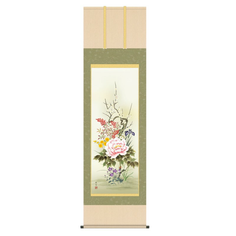 掛軸 日本画 花鳥画 北山歩生 四季花 (しきばな) 尺五 (KZ3A1-094) (代引き不可)