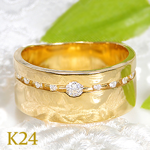 【楽天市場】K24 純金【0.14ct】ダイヤモンド リング【送料無料】ゴールド 24k 24金 ダイヤリング 幅広 平打ち 純金リング