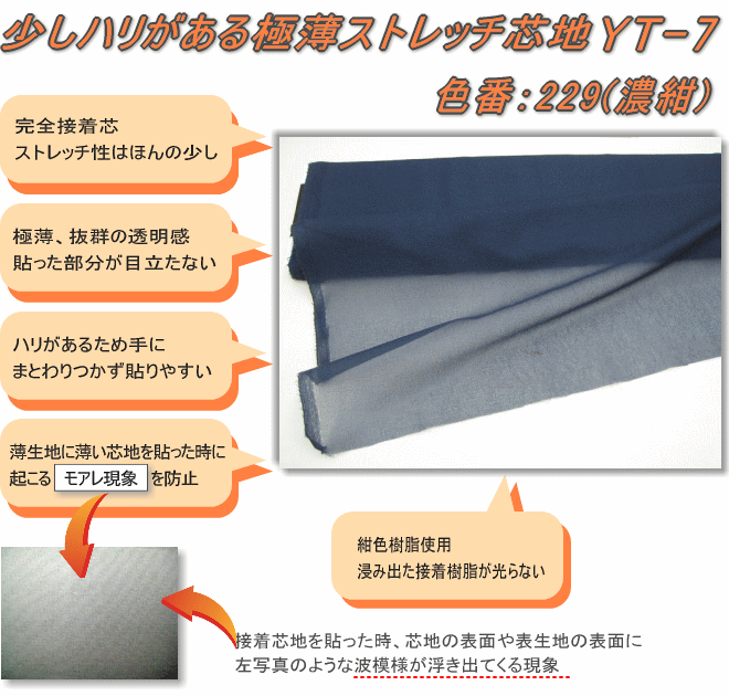 楽天市場 Yt 7 229 濃紺 接着芯地 軽く透明感あり 少しハリがでる極薄ストレッチ芯地 モアレ防止 人気品番 接着芯 5mまでメール便ok ヨシミ 楽天市場店