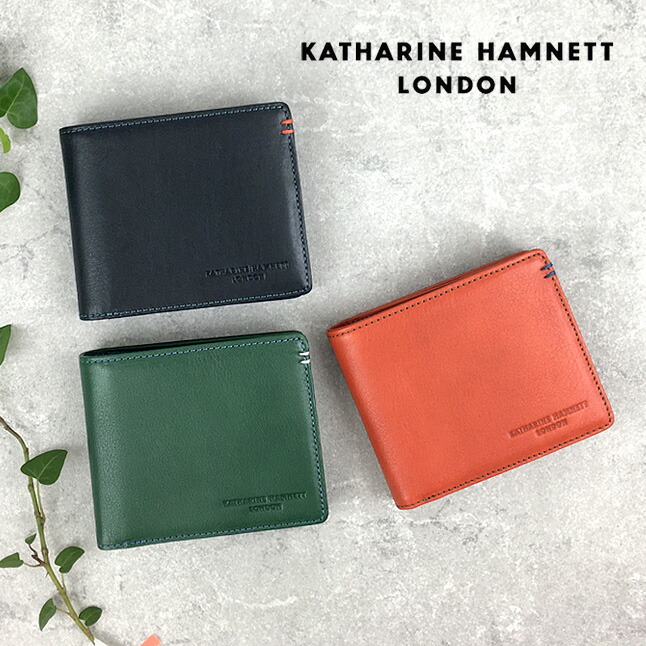 財布 メンズ 二つ折り財布 ブランド 革 490-50701 KATHARINE HAMNETT （キャサリンハムネット） 牛革 本革 レザー 2つ折り メンズ財布 BOX小銭入れ お洒落 男性 女性 小物 おしゃれ かっこいい 黒 緑 橙 型押し 誕生日 ギフト プレゼント