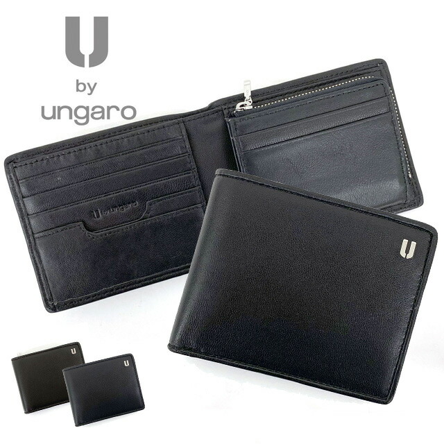 財布 メンズ 二つ折り U by ungaro ユーバイウンガロ ロンド 二つ折り財布 ファスナー小銭入れ 61ug03 送料無料 羊革 レザー ブラック ブラウン 茶色 黒 男性用 ギフト プレゼント 折りたたみ財布