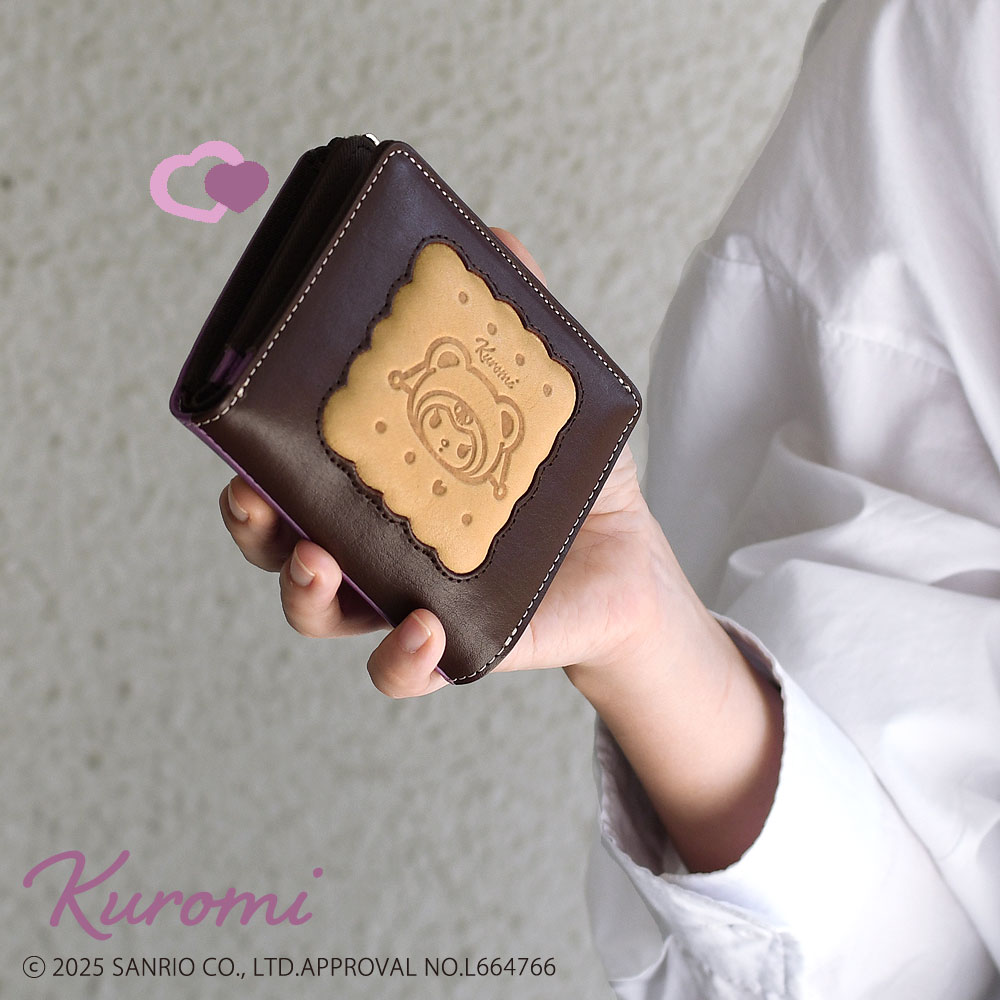 KUROMI クロミ 二つ折り財布 レディース レザー BISCUIT ビスケット 機能的 使いやすい 小銭入れ 外側小銭入れ L字ファスナー 本革 牛革 型押し コンパクト クロミちゃん クロミグッズ サンリオキャラクターズ キャラクター 11332 ナダヤ