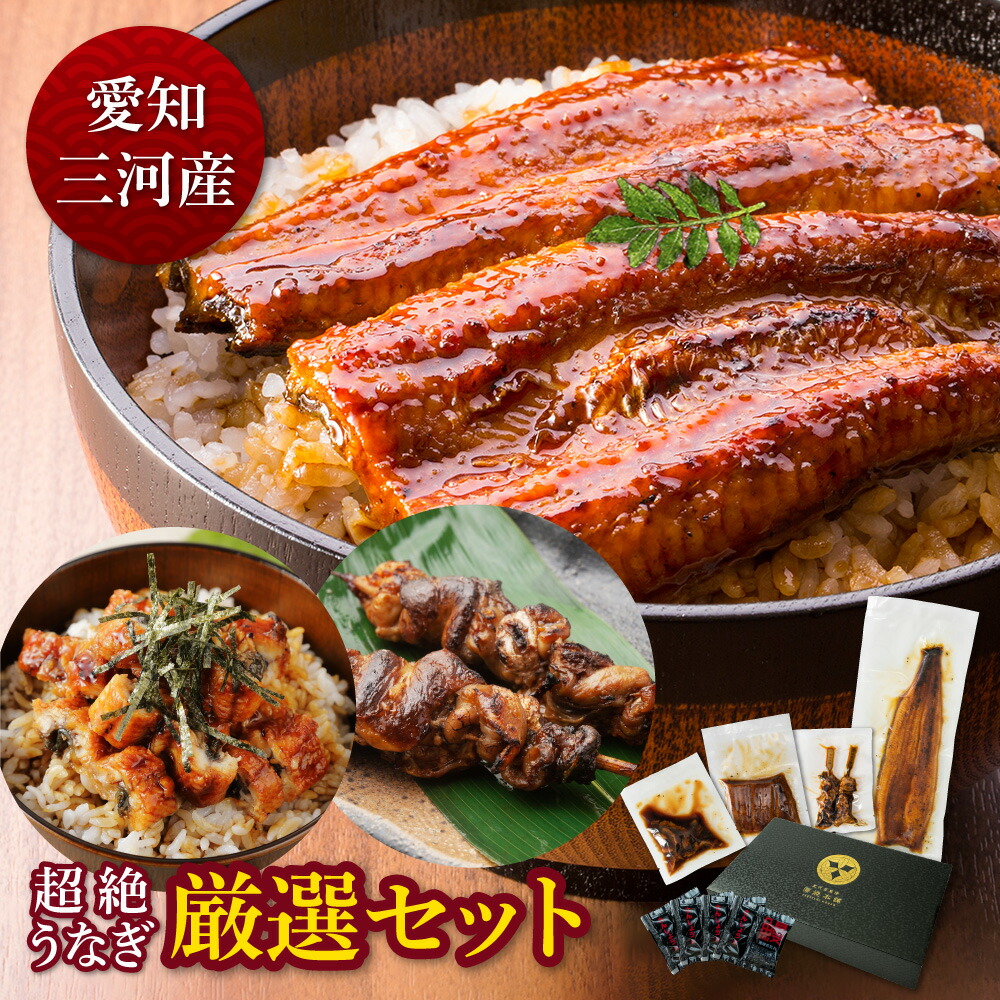 愛知三河産　超絶うなぎ厳選セット（長蒲焼、カット蒲焼、きざみ蒲焼、肝串） うなぎ 蒲焼き お歳暮 食品 プレゼント 鰻 ウナギ 蒲焼 国産 誕生日 お祝い 内祝い 結婚祝い グルメ 丑の日 土用の丑の日 冷凍食品 送料無料