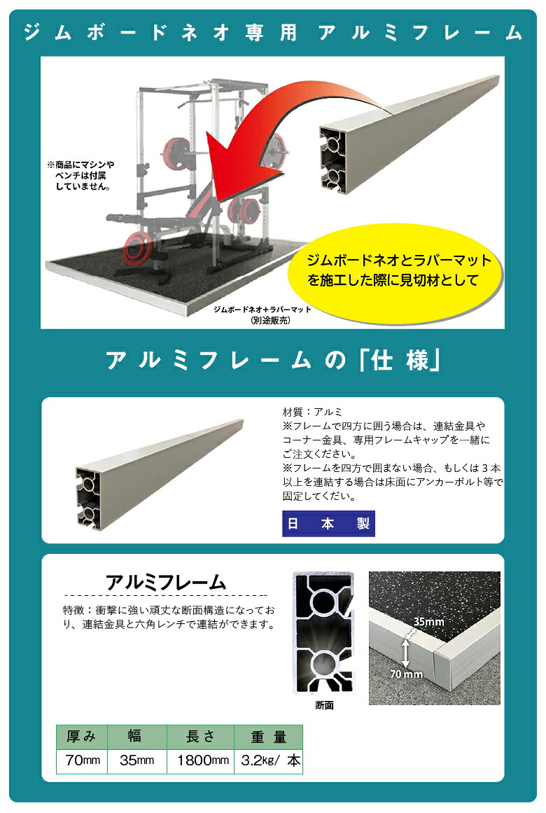 トレーニングアンダーボードジムボードネオの見切り材にアルミフレーム トレーニングルーム 極東産機 耐衝撃 フィットネスジム 防振 吸音 後付け可能 壁紙わーるどトレーニングルーム フィットネスジムの騒音対策に 防振 1本単位で販売 ホームジム吸音 騒音対策