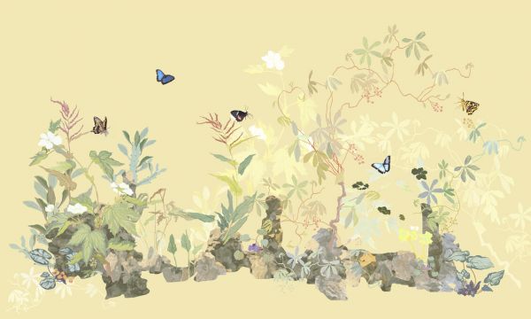 楽天市場 植物 花 蝶 ちょうちょ イラスト 黄色 イエローの壁紙 輸入 カスタム壁紙 Photowall Butterflies Paradise Banana 貼ってはがせるフリース壁紙 不織布 海外取寄せ商品 代引き 後払い不可 壁紙 屋本舗 カベガミヤホンポ