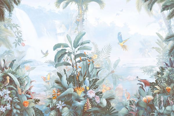 楽天市場 ジャングル 森 滝 鳥 オウム イラストの壁紙 輸入 カスタム壁紙 Photowall Retro Collage Tropico Pop 貼ってはがせるフリース壁紙 不織布 海外取寄せ商品 代引き 後払い不可 壁紙屋本舗 カベガミヤホンポ
