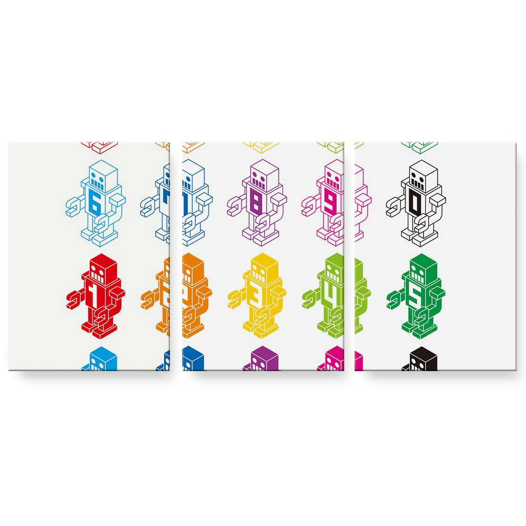 アートパネル 3連 3枚セット 絵 絵画 飾り igsticker 594mmx420mm A2 フォト 壁掛け 木枠 インテリア おしゃれ 000135 カラフル　ロボット　数字｜kabeコレ