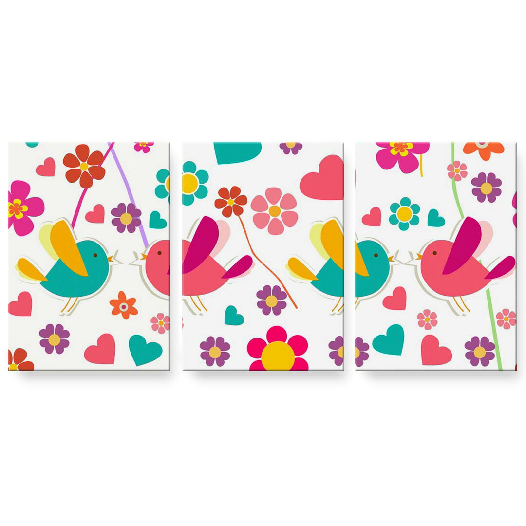 アートパネル 3連 3枚セット 絵 絵画 飾り igsticker 594mmx420mm A2 フォト 壁掛け 木枠 インテリア おしゃれ 000295 鳥　ハート　花　カラフル