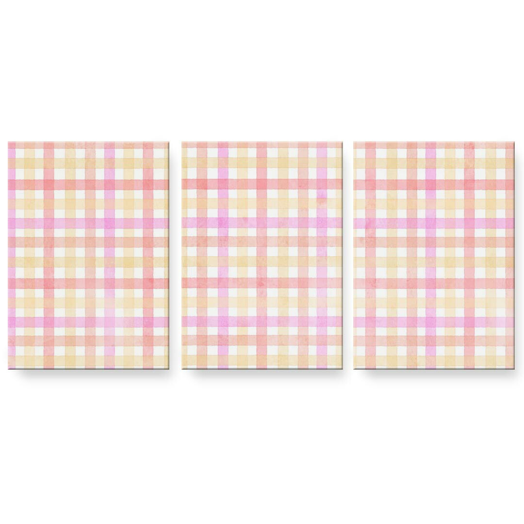アートパネル 3連 3枚セット 絵 絵画 飾り igsticker 594mmx420mm A2 フォト 壁掛け 木枠 インテリア おしゃれ 000929 チェック　ピンク｜kabeコレ