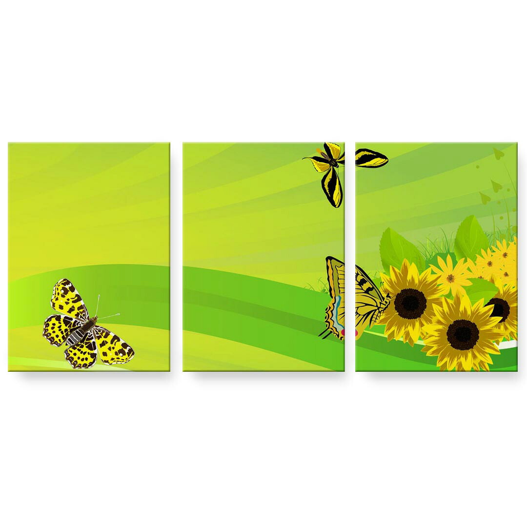 アートパネル 3連 3枚セット 絵 絵画 飾り igsticker 594mmx420mm A2 フォト 壁掛け 木枠 インテリア おしゃれ 001141 ひまわり　蝶々