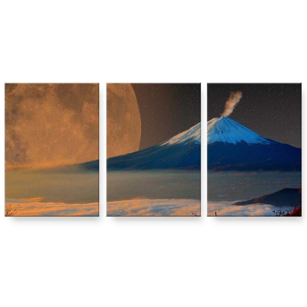 アートパネル 3連 3枚セット 絵 絵画 飾り igsticker 594mmx420mm A2 フォト 壁掛け 木枠 インテリア おしゃれ 023577 月　富士山