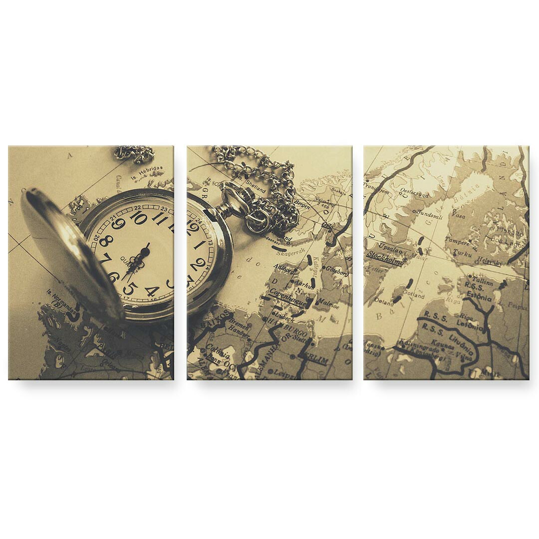 アートパネル 3連 3枚セット 絵 絵画 飾り igsticker 594mmx420mm A2 フォト 壁掛け 木枠 インテリア おしゃれ 025798 時計　地図　ヴィンテージ