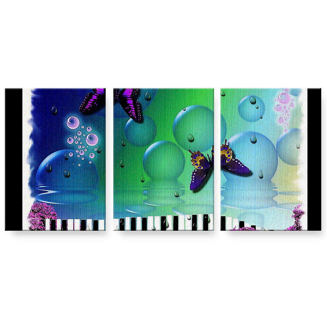 アートパネル 3連 3枚セット 絵 絵画 飾り igsticker 594mmx420mm A2 フォト 壁掛け 木枠 インテリア おしゃれ 026090 ピアノ　蝶々　音楽　シャボン玉｜kabeコレ