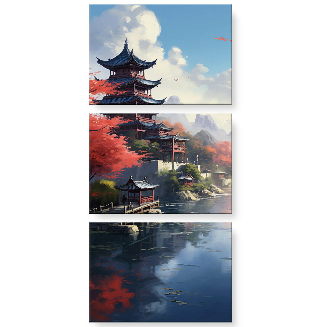 アートパネル 3連 3枚セット 絵 絵画 飾り igsticker 594mmx420mm A2 フォト 壁掛け 木枠 インテリア おしゃれ 中国建物　033117