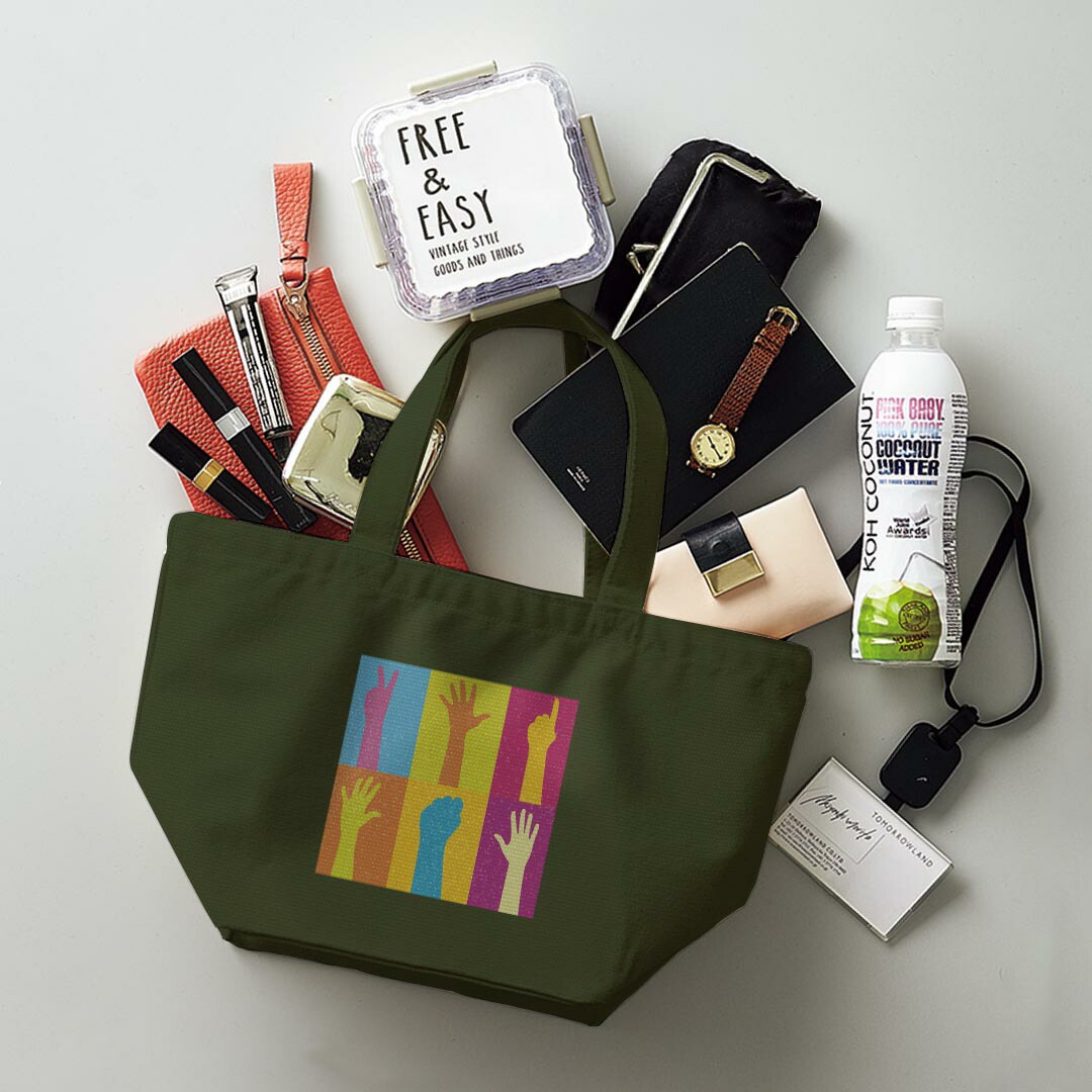 楽天市場 デザインランチバッグ キャンバス デイパック バッグ レディースバッグ トートバッグ ナチュラル 黒 Black カラフル 腕 手 イラスト Kabeコレ