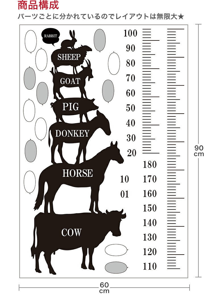 楽天市場 ウォールステッカー 身長計 メモ付き 記念 目盛り 子供部屋 動物 モノトーン 北欧 90 60cm シール式 装飾 おしゃれ 壁紙 はがせる 剥がせる カッティングシート Wall Sticker 雑貨 Diy プチリフォーム Kabeコレ