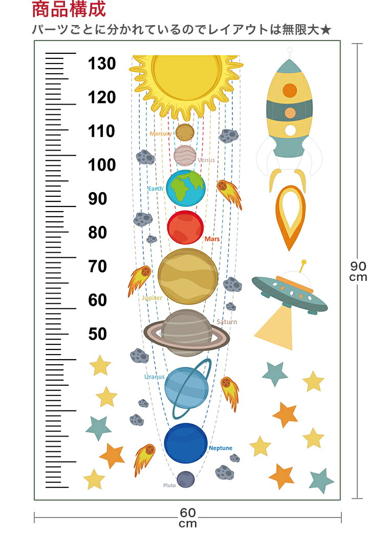楽天市場 ウォールステッカー 身長計 記念 目盛り 子供部屋 宇宙 男の子 北欧 90 60cm シール式 装飾 おしゃれ 壁紙 はがせる 剥がせる カッティングシート Wall Sticker 雑貨 Diy プチリフォーム Kabeコレ