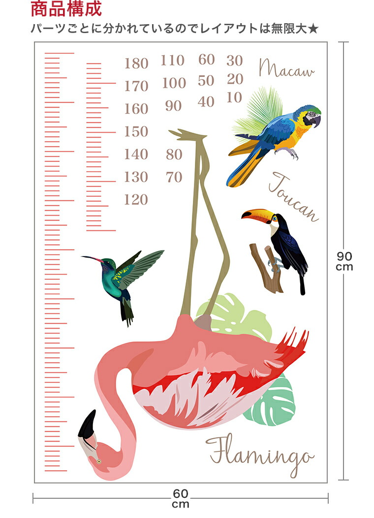 楽天市場 ウォールステッカー 身長計 記念 目盛り 子供部屋 フラミンゴ 鳥 動物 北欧 90 60cm シール式 装飾 おしゃれ 壁紙 はがせる 剥がせる カッティングシート Wall Sticker 雑貨 Diy プチリフォーム Kabeコレ