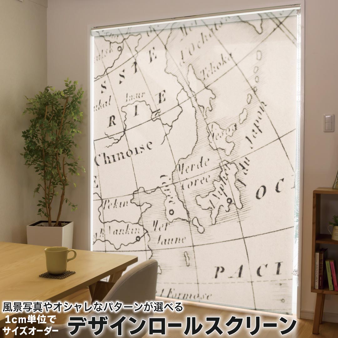 1cm単位サイズオーダー ロールスクリーン ロールカーテン オーダーメイド タチカワ 日本製 間仕切り カーテン 採光 非遮光 目隠し UVカット カーテンレール チェーン式 プル式 002603 クール 地図　世界　外国