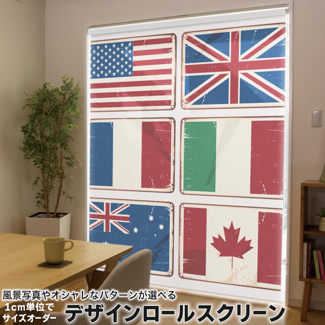 1cm単位サイズオーダー ロールスクリーン ロールカーテン オーダーメイド タチカワ 日本製 間仕切り カーテン 採光 非遮光 目隠し UVカット カーテンレール チェーン式 プル式 002698 ユニーク 外国　国旗 9,060円