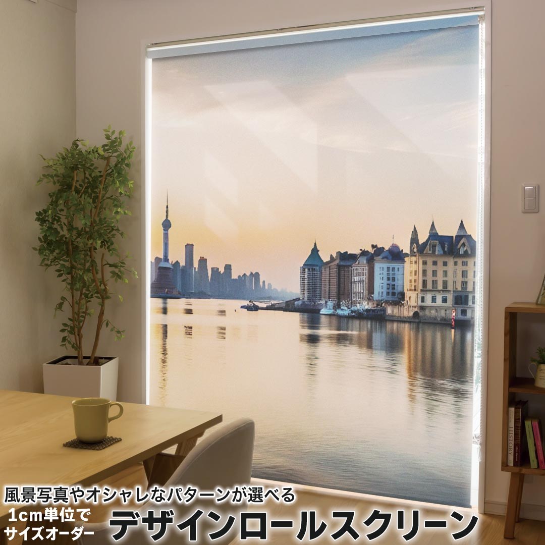 1cm単位サイズオーダー ロールスクリーン ロールカーテン オーダーメイド タチカワ 日本製 間仕切り カーテン 採光 非遮光 目隠し UVカット カーテンレール チェーン式 プル式 033533 街並み
