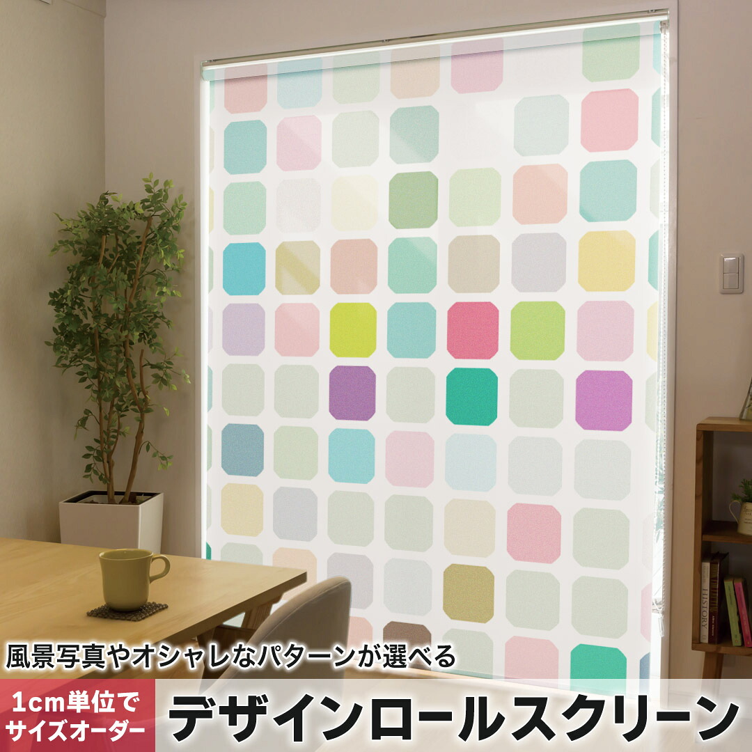 1cm単位サイズオーダー ロールスクリーン ロールカーテン オーダーメイド タチカワ 日本製 間仕切り カーテン 採光 非遮光 目隠し UVカット カーテンレール チェーン式 プル式 005424 チェック・ボーダー カラフル　模様