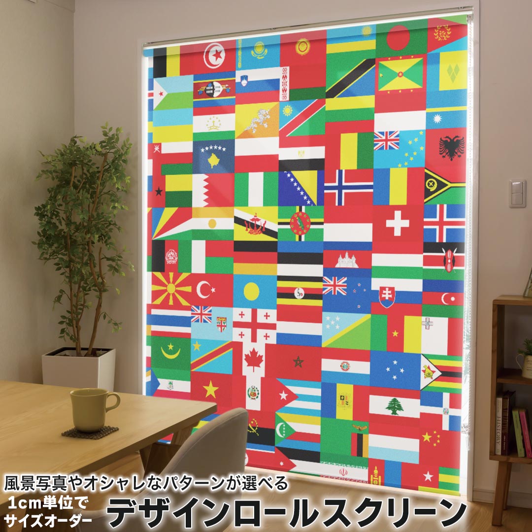 1cm単位サイズオーダー ロールスクリーン ロールカーテン オーダーメイド タチカワ 日本製 間仕切り カーテン 採光 非遮光 目隠し UVカット カーテンレール チェーン式 プル式 007360 ユニーク カラフル　国旗　模様
