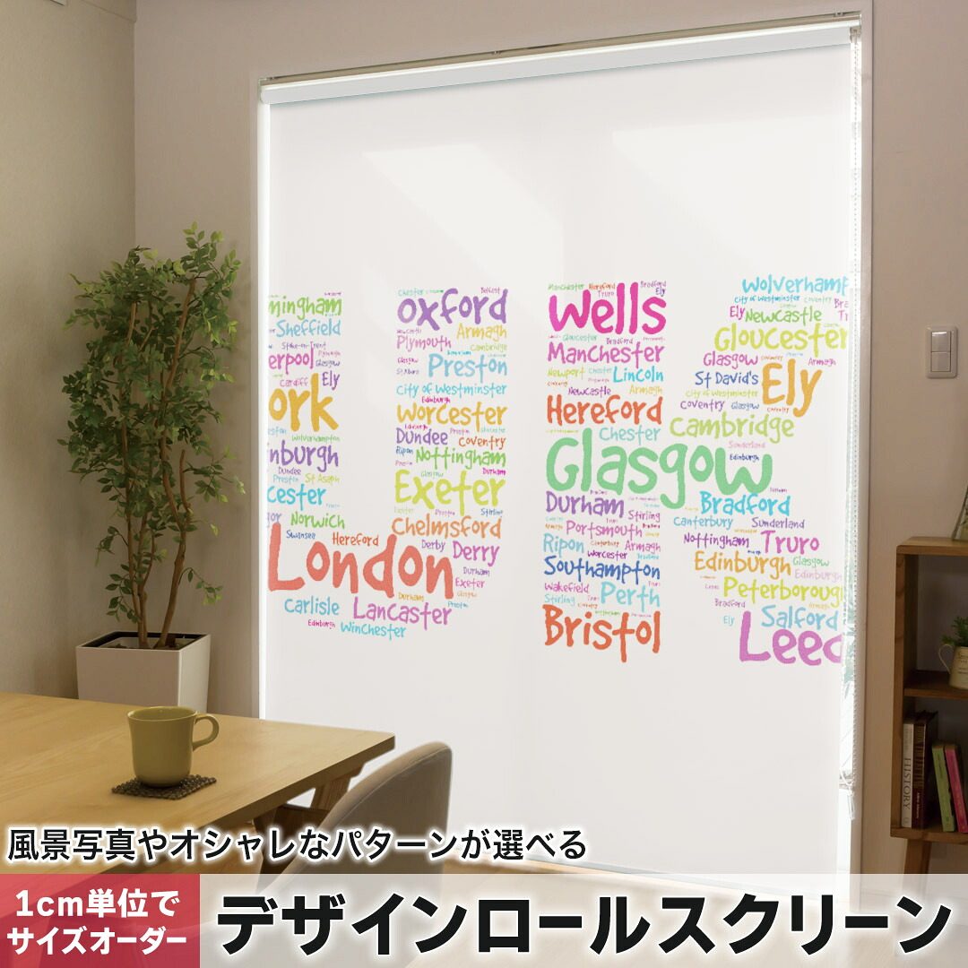 1cm単位サイズオーダー ロールスクリーン ロールカーテン オーダーメイド タチカワ 日本製 間仕切り カーテン 採光 非遮光 目隠し UVカット カーテンレール チェーン式 プル式 009475 英語　外国　カラフル