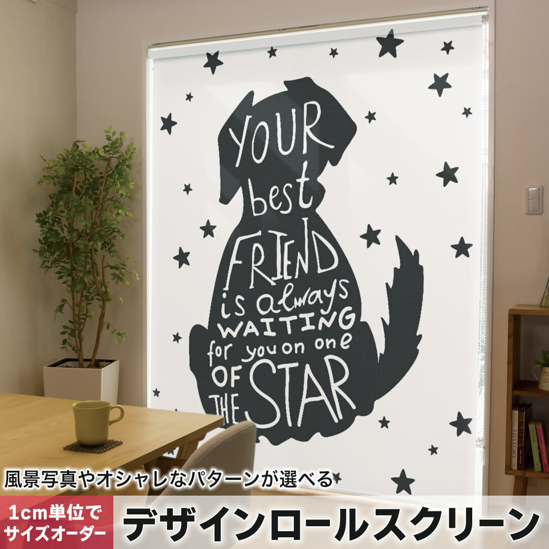 1cm単位サイズオーダー ロールスクリーン ロールカーテン オーダーメイド タチカワ 日本製 間仕切り カーテン 採光 非遮光 目隠し UVカット カーテンレール チェーン式 プル式 011006 英語　星　メッセージ