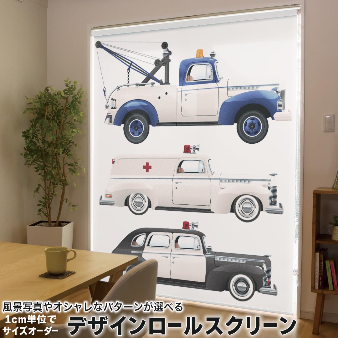 1cm単位サイズオーダー ロールスクリーン ロールカーテン オーダーメイド タチカワ 日本製 間仕切り カーテン 採光 非遮光 目隠し UVカット カーテンレール チェーン式 プル式 013785 乗り物　車