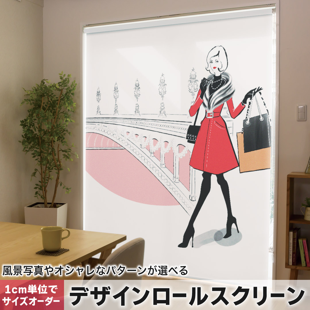 1cm単位サイズオーダー ロールスクリーン ロールカーテン オーダーメイド タチカワ 日本製 間仕切り カーテン 採光 非遮光 目隠し UVカット カーテンレール チェーン式 プル式 015556 女の人　買い物　橋