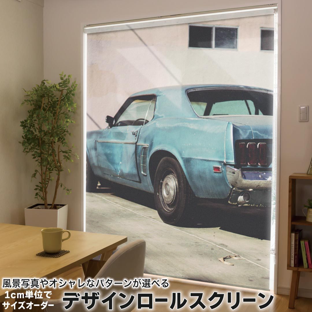 1cm単位サイズオーダー ロールスクリーン ロールカーテン オーダーメイド タチカワ 日本製 間仕切り カーテン 採光 非遮光 目隠し UVカット カーテンレール チェーン式 プル式 016198 車　写真　クラシックカー 8,932円