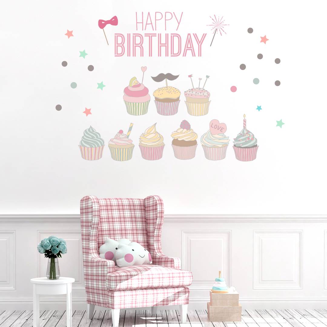 楽天市場 誕生日 シール式ウォールステッカー 誕生日 飾り 60 60cm ケーキ ガーランド バースデーパーティ飾り 風船 バルーン 壁紙 お祝い パーティ Anniversary カップケーキ かわいい スイーツ Kabeコレ