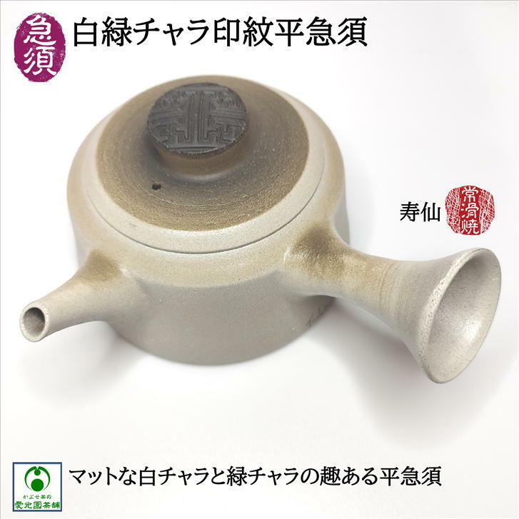 急須 白チャラ印紋平急須 渡辺敬一郎作 ちゃら掛け 寿仙 オリジナル 陶製茶こし 胴外径116m 胴高さ56mm 高山陶園 プレゼント 創作急須  浅型急須 満水容量380cc 平型急須 彫り 常滑焼 手作り 一点物 陶器 ギフト セラメッシュ