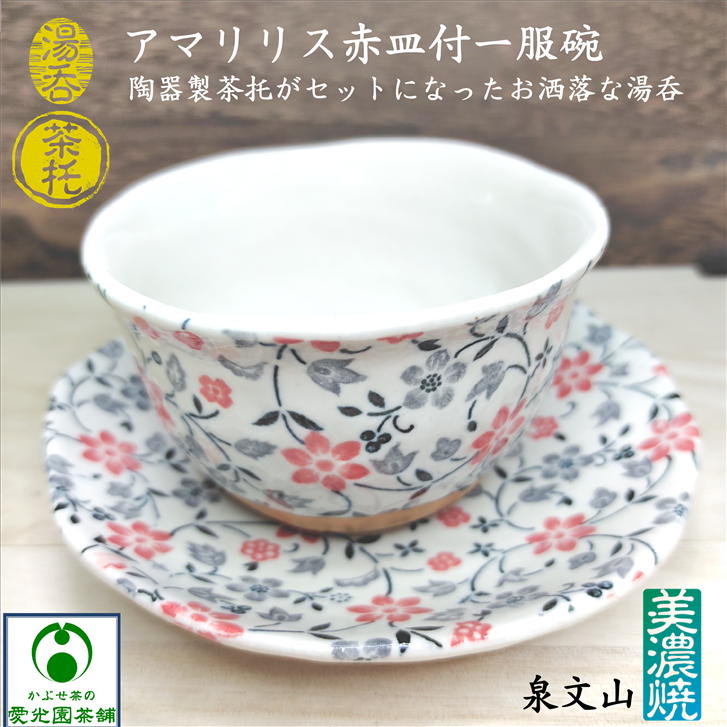 アマリリス赤皿付き一服碗 美濃焼き 泉文山 陶器 茶托付き 茶托セット 湯呑 湯のみ 湯呑み茶碗 湯飲み ゆのみ 茶たく 湯のみ茶碗 湯飲み茶わん 湯呑みセット 湯のみセット お茶碗 お洒落 花柄 上品 大きめサイズ 大きい おしゃれ かわいい画像