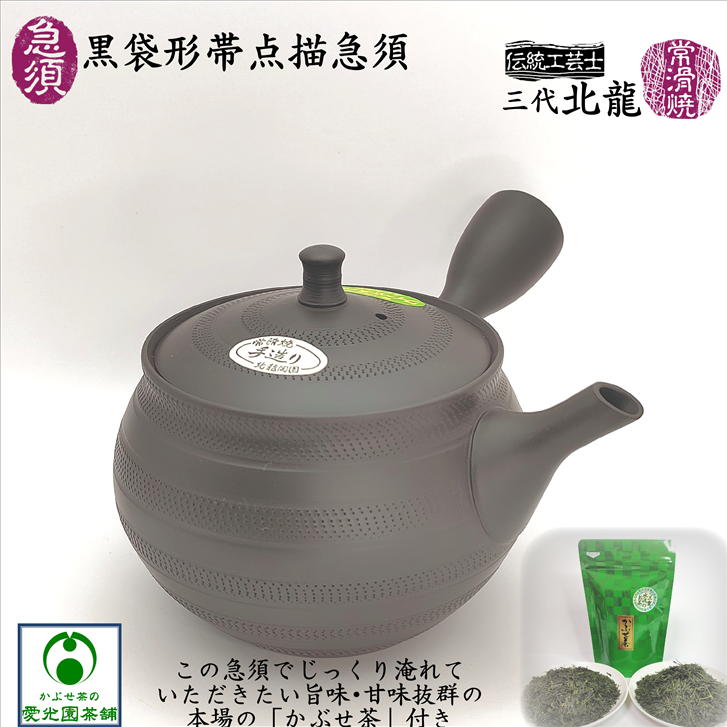 黒袋形帯点描急須 「かぶせ茶」付き 北龍 伝統工芸士 梅原タツオ 常滑焼 陶器 せっ器 陶製茶こし ワイドセラメッシュ 日本製 飛び鉋模様 燻し黒 手造り 手作り おうちカフェ 作家物 注ぎやすい 湯切れがいい 洗いやすい 使いやすい 上品 趣き お洒落 渋い ギフト プレゼント｜かぶせ茶の愛光園茶舗